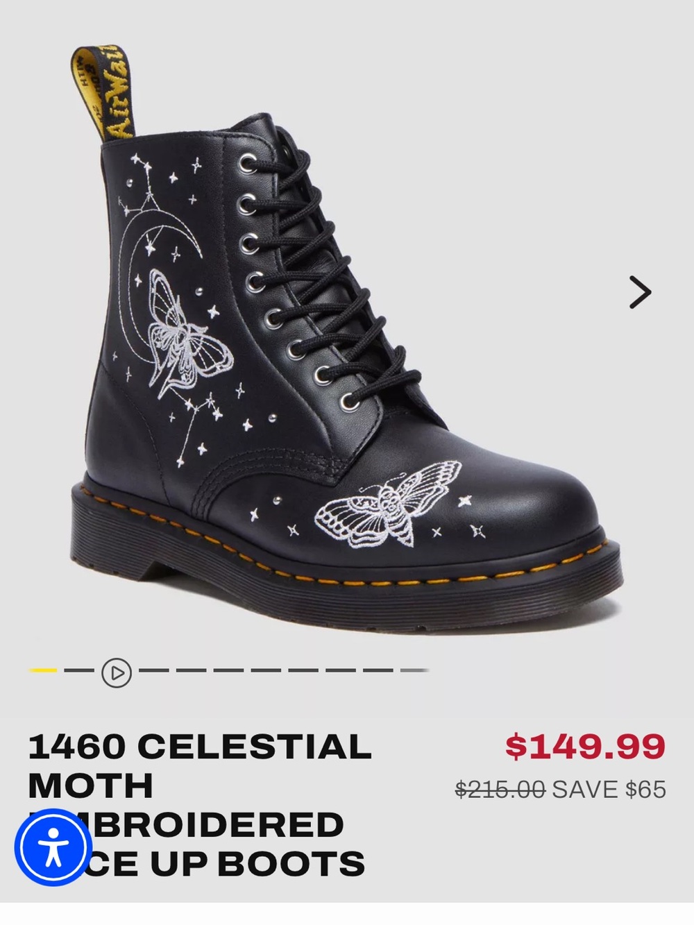 Dr. Martens Black Lace-Up Boots with White Celestial Moth Embroidery size 7